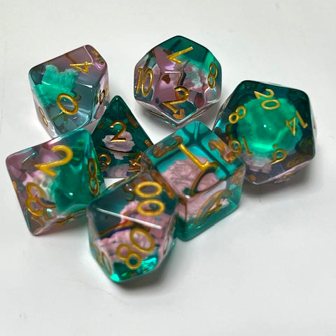 pink cloud and rainbow dnd dice sets for TTRPG role playing games, dice goblin and dice dragons