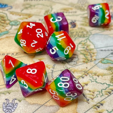 rainbow pride dnd dice set for TTRPG role playing games, dice goblin and dice dragons
