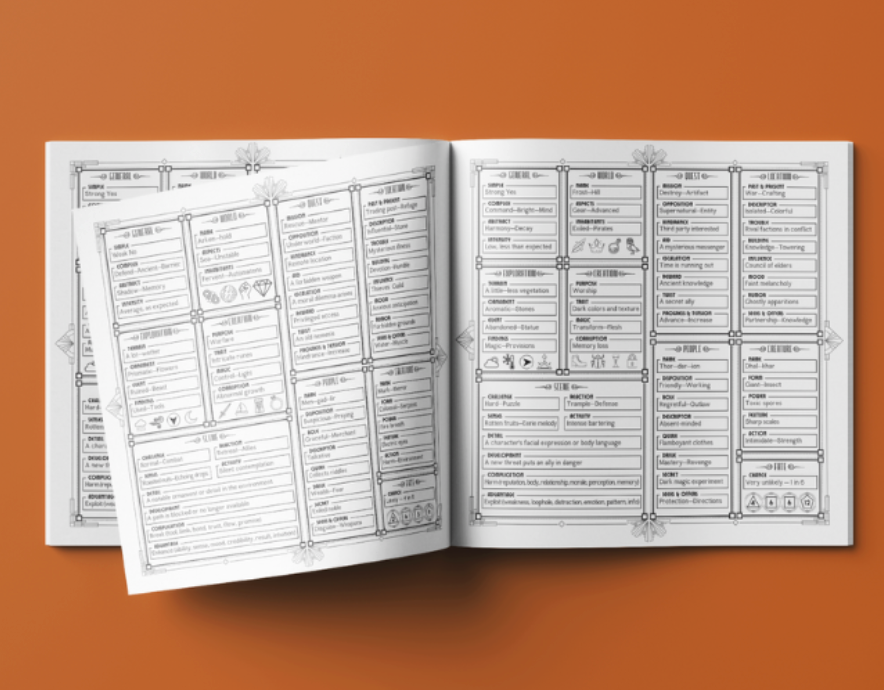 Open book with pages filled with text and symbols on a brown background
