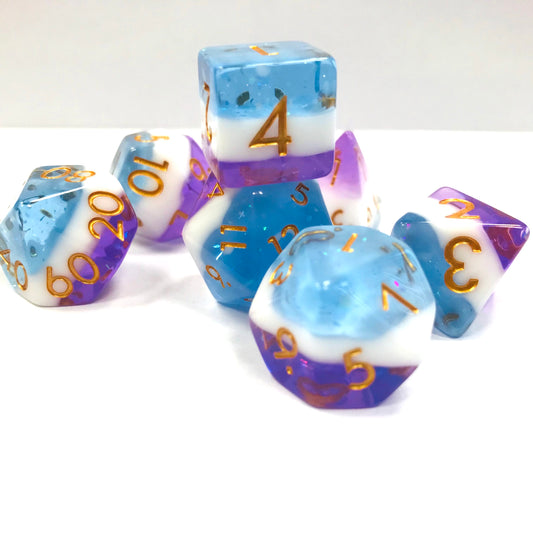 resin frosty dnd dice set for RPG, role playing games, dice goblin, dice dragon and critical critters