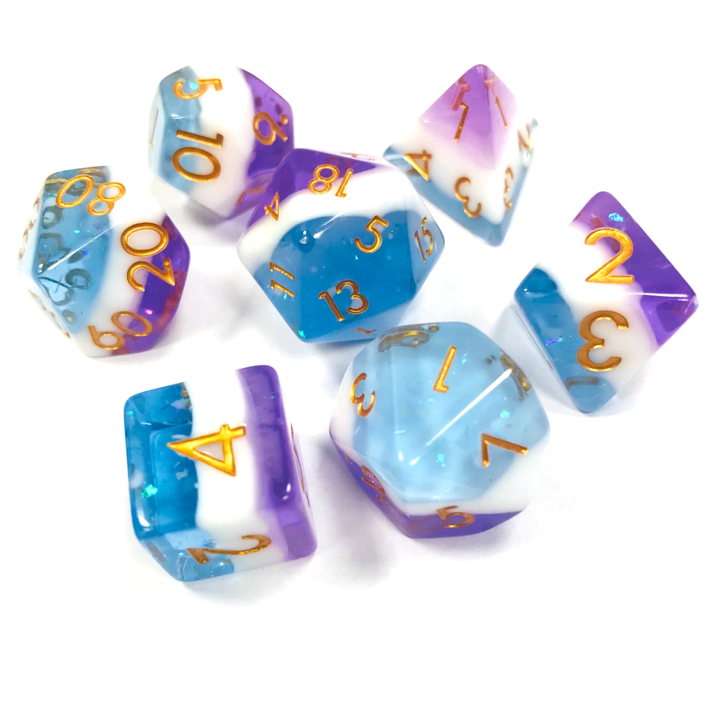 resin frosty dnd dice set for RPG, role playing games, dice goblin, dice dragon and critical critters
