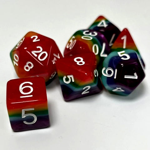 rainbow pride dnd dice set for TTRPG role playing games, dice goblin and dice dragons