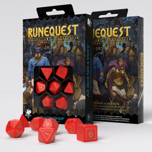 Runequest dnd TTRPG, role playing games, dice sets from QWorkshop for the Dice goblin and critical critter