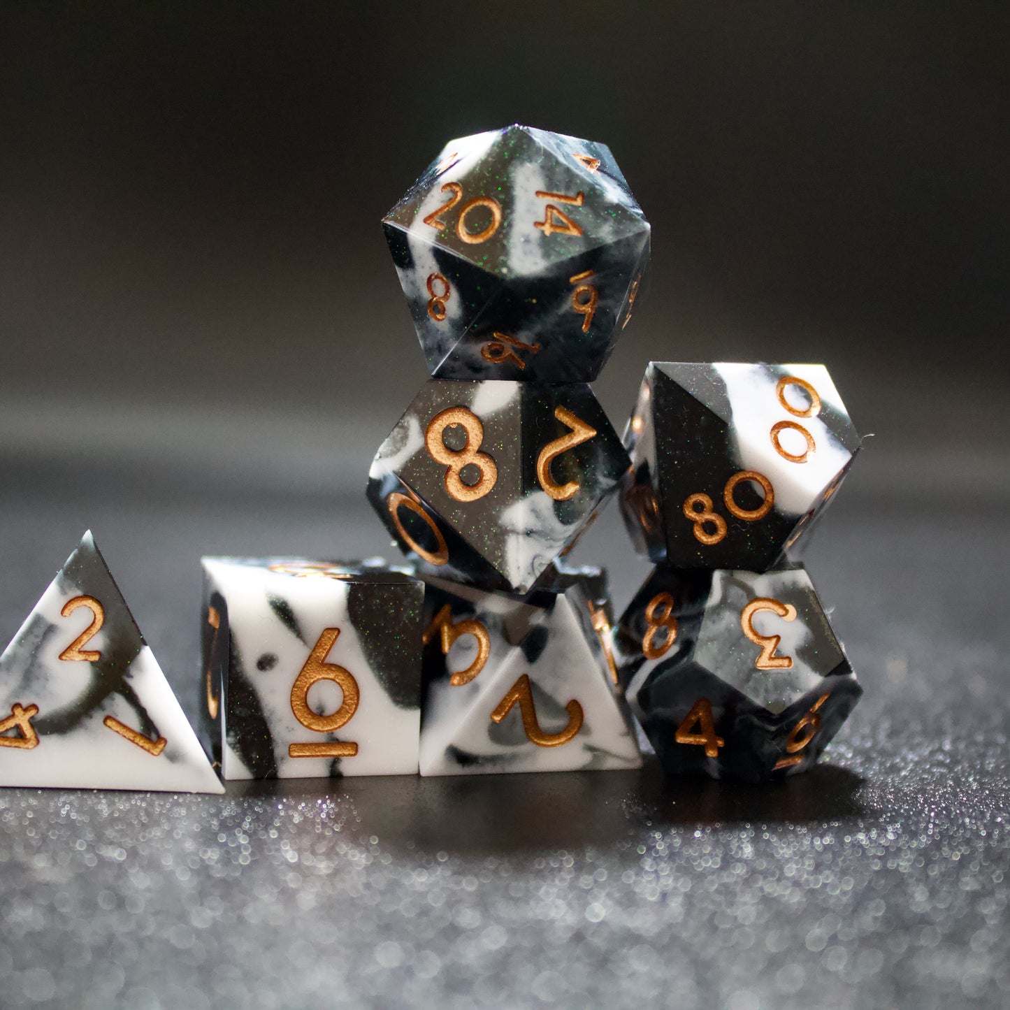 sharp edge black and white marble dnd, TTRPG role playing game dice sets, for dice goblins and critters