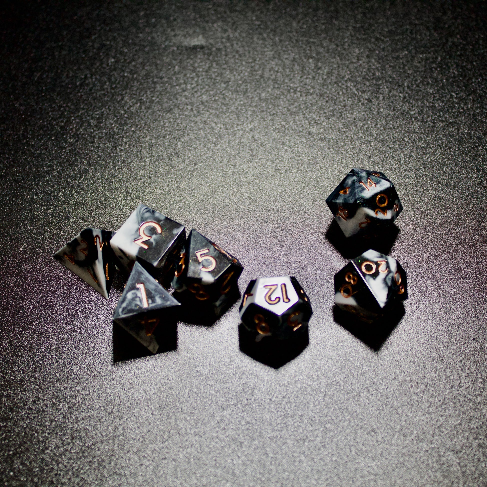 sharp edge black and white marble dnd, TTRPG role playing game dice sets, for dice goblins and critters