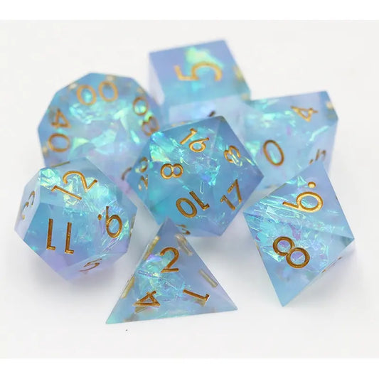 Sharp edge rose and blue dnd dice sets, dice goblin and critical critters