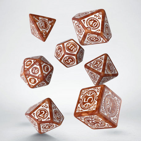Steampunk clockwork dnd dice set from Qworkshop, for Dungeons and Dragons and TTRPG role playing games 