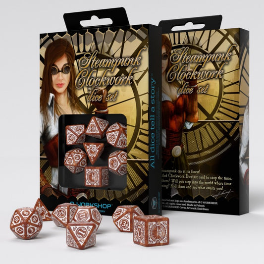 Steampunk clockwork dnd dice set from Qworkshop, for Dungeons and Dragons and TTRPG role playing games 