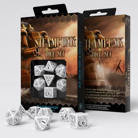 Steampunk dnd dice sets from QWorkshop, for TTRPG, role playing games, dice goblin and critical critter collectors