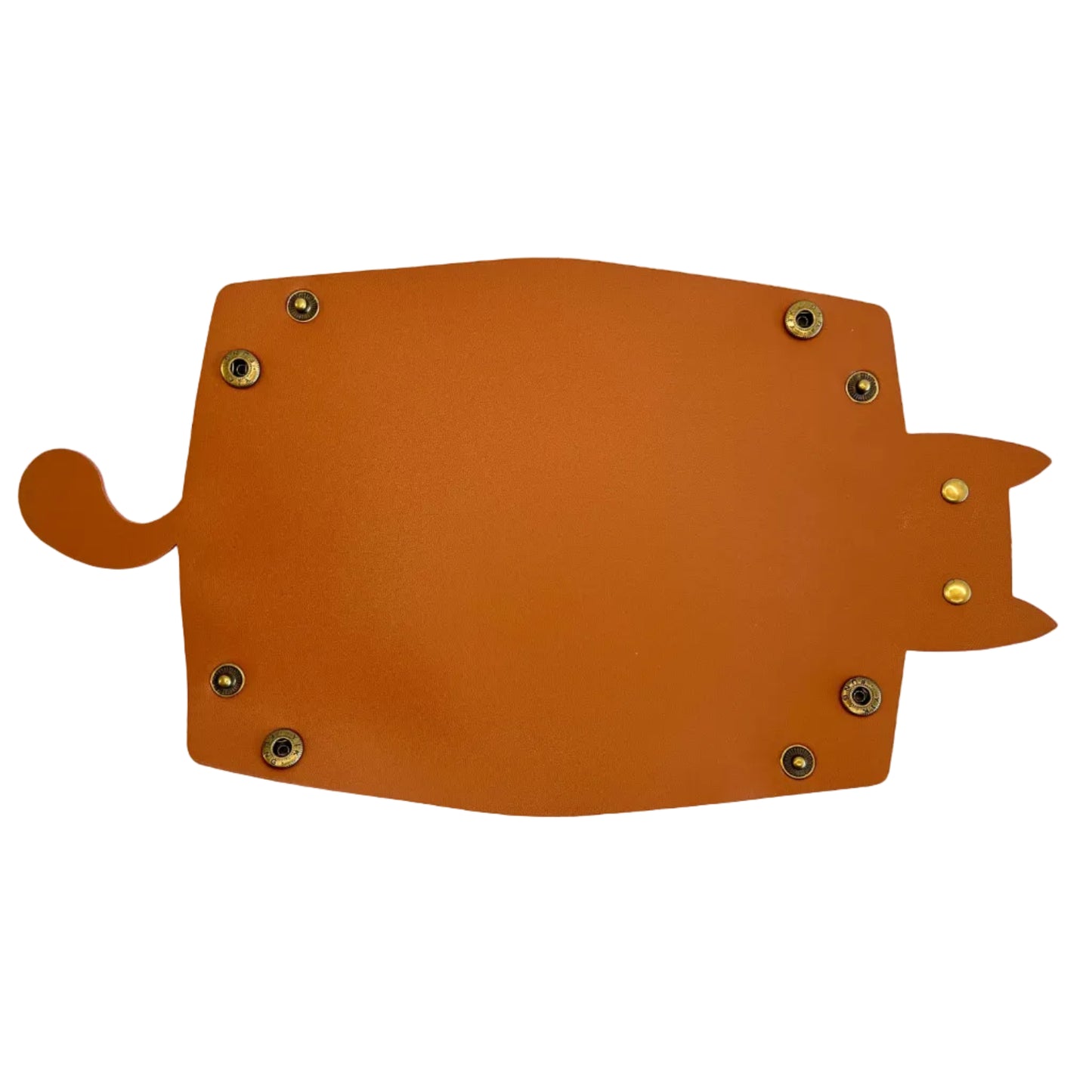 A brown leather cat-shaped dice tray with brass grommets, shown on a plain white background.