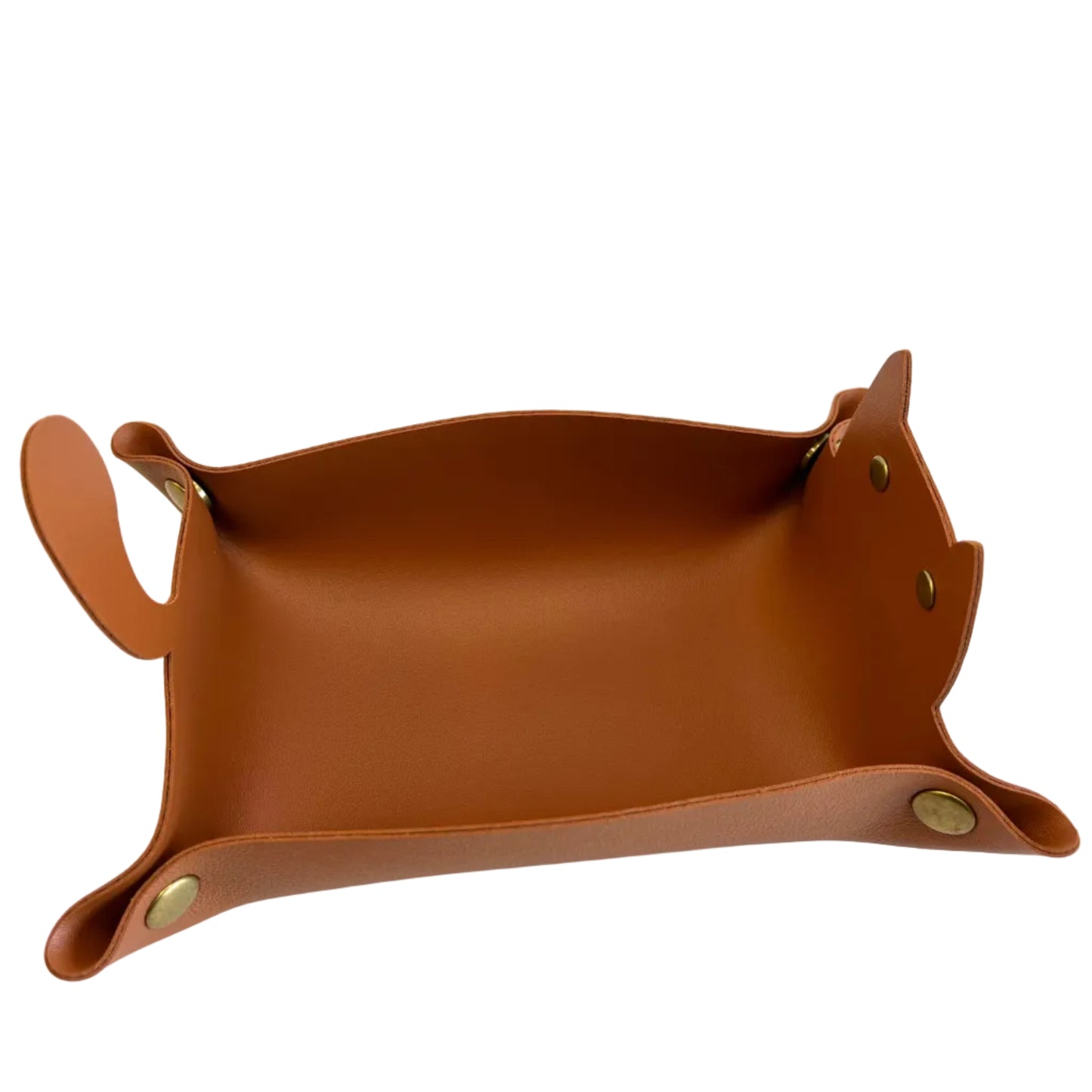 A brown faux-leather dice tray with integrated handles and metal snap fasteners, photographed on a plain white surface.