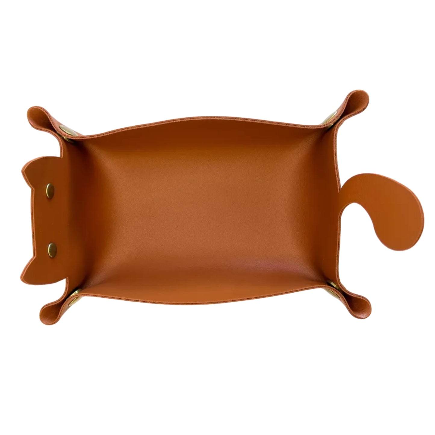 A brown faux-leather cat-shaped dice tray with a tail on the right side and metal rivets on the left, shown from a top-down view on a white background.