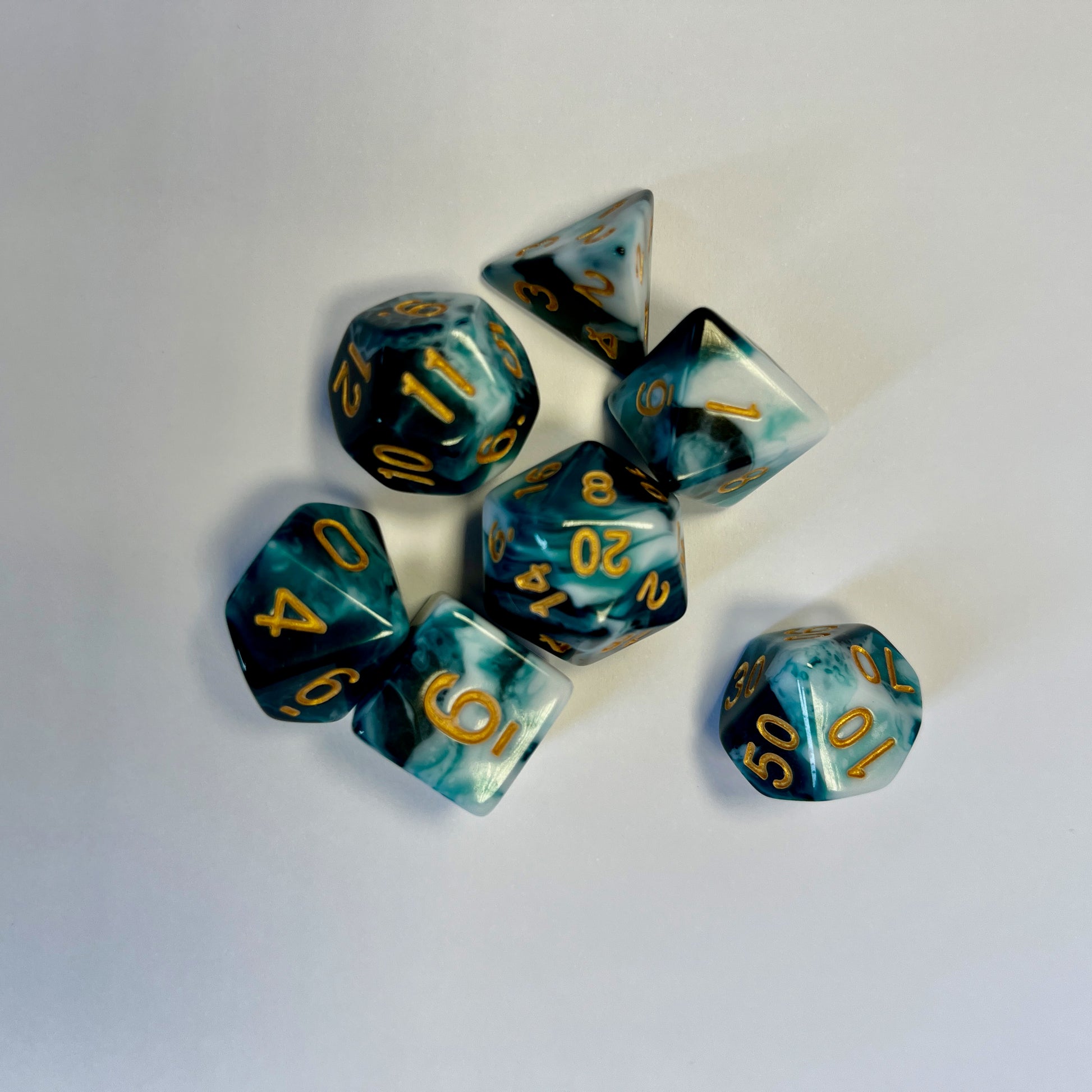 Tempest dnd dice set, teal dice set, DND, dungeons and dragons, role playing games, dice goblin and critical critters