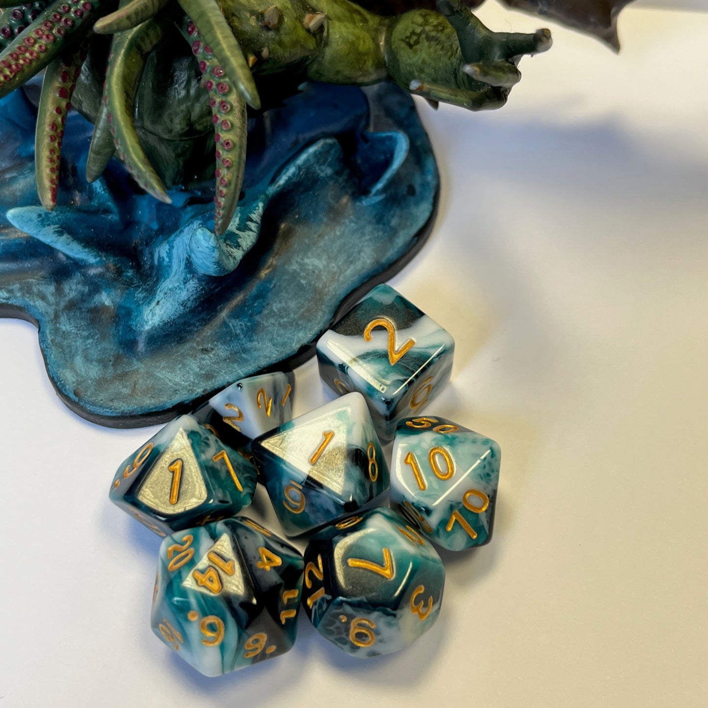 Tempest dnd dice set, teal dice set, DND, dungeons and dragons, role playing games, dice goblin and critical critters