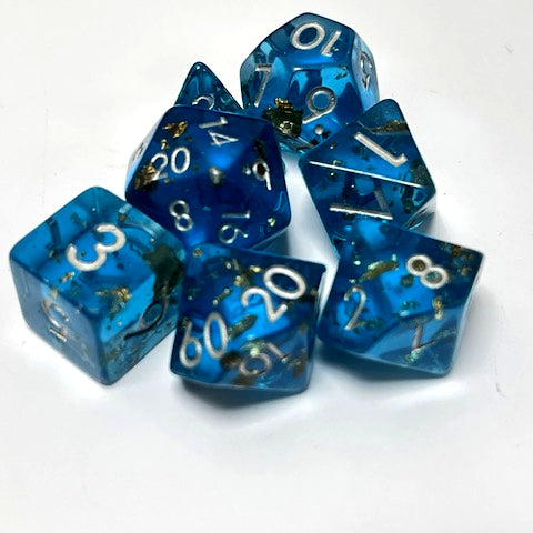 translucent blue dnd dice for TTRPG role playing games, dice goblins and dice dragon