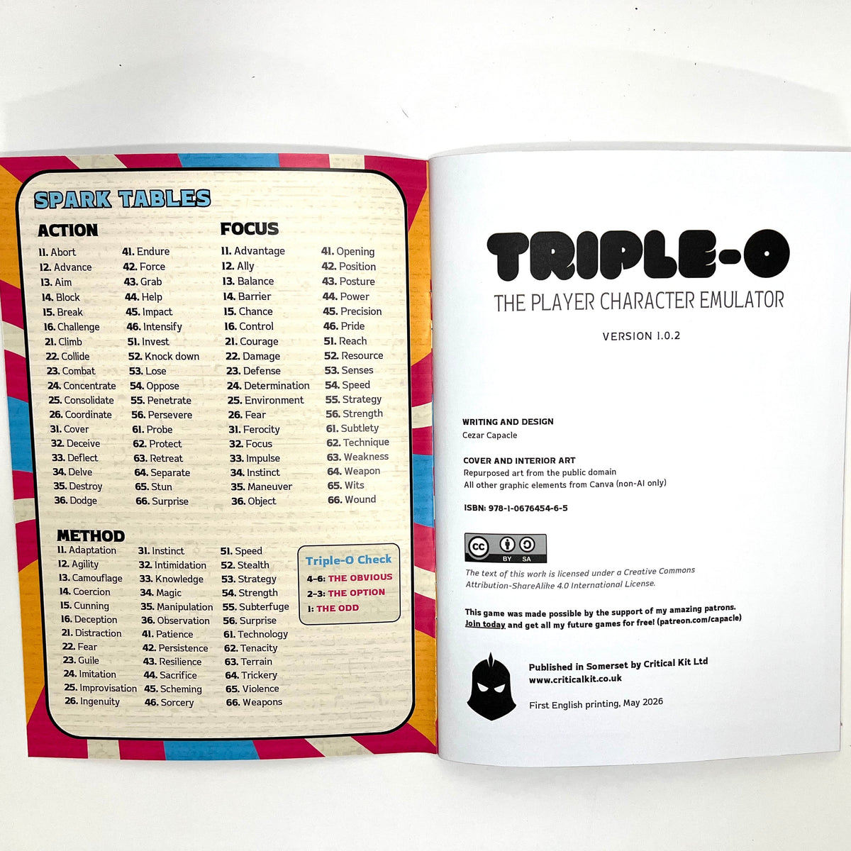 An open printed booklet or manual spread laid flat on a white background, showing the left page with a colorful header and a list of 'Spark Tables' and 'Method' sections, and the right page with the title 'TRIPLE-O THE PLAYER CHARACTER EMULATOR' and version information.