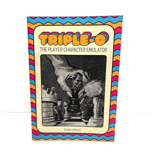 The book cover of 'Triple-o: The Player Character Emulator' by Cezar Capacle, featuring a retro design with a colorful zigzag border and a black-and-white illustration of a hand holding a mug.