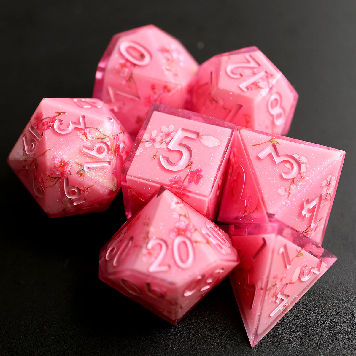 Sukura framed blossom DND dice set, for TTRPG role playing games and dice goblin, dice dragon collectors, available from a UK dice store
