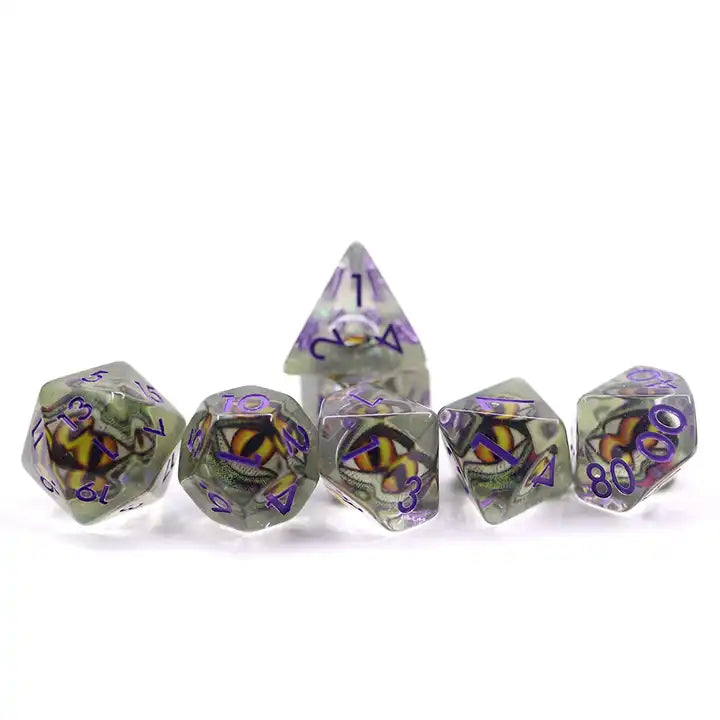 Yellow dragon eye resin dnd dice sets, TTRPG role playing games, dice goblins, dice dragon collectors