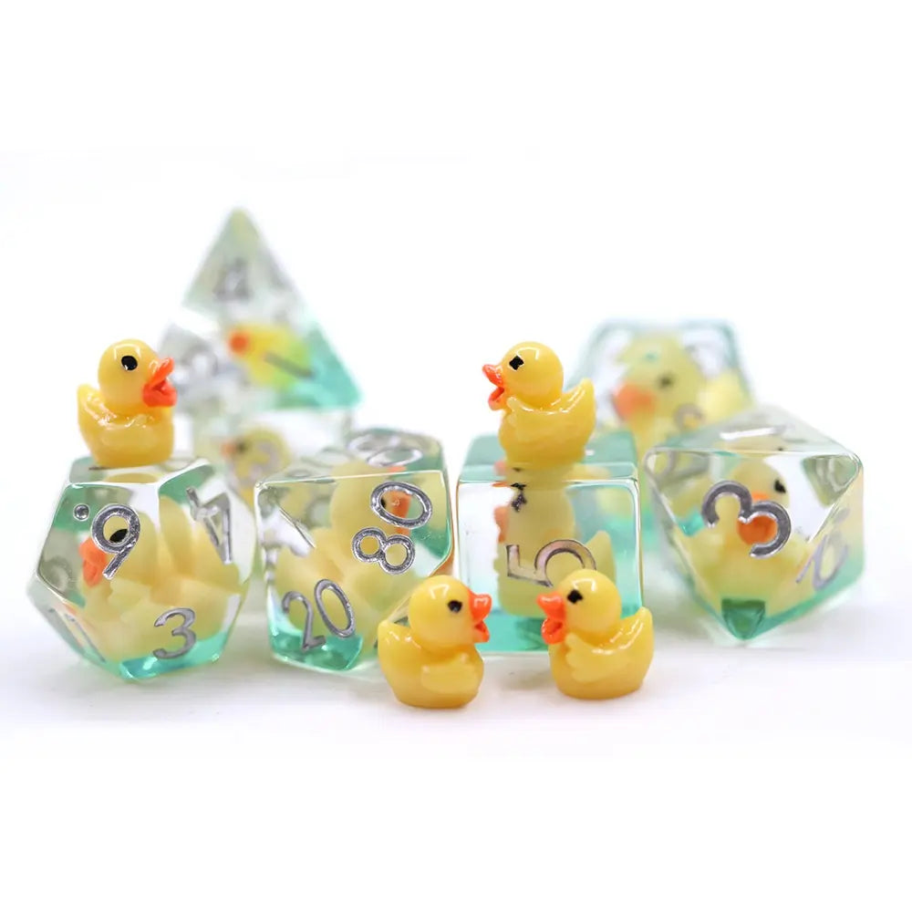 Yellow duck dnd dice set, TTRPG/RPG role playing game and dice goblin collectors