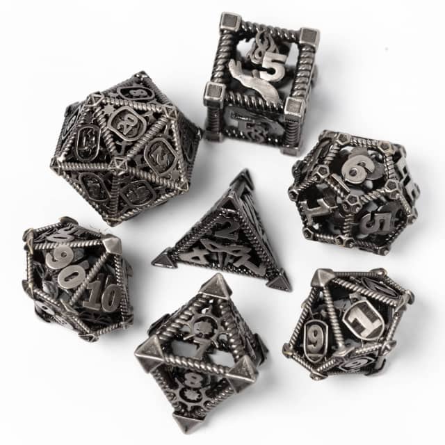 Class Action Silver, D&D dice set, DND dice set, dice goblin, metal dice, TTRPG, role playing, role playing games