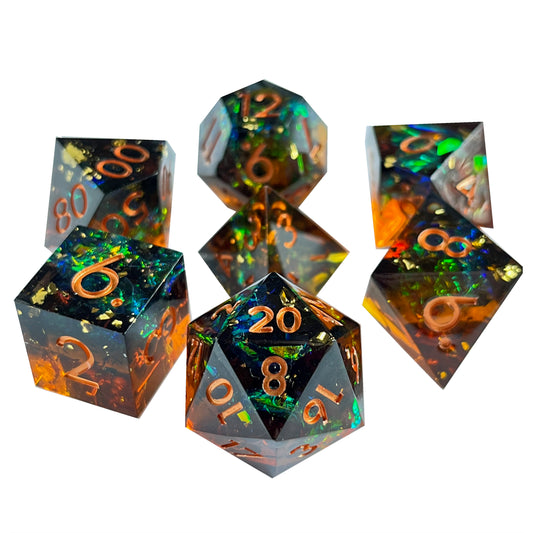 Midnight sharp edge D&D dice set, sharp edged dice, uk dice store, dice goblin, math rocks