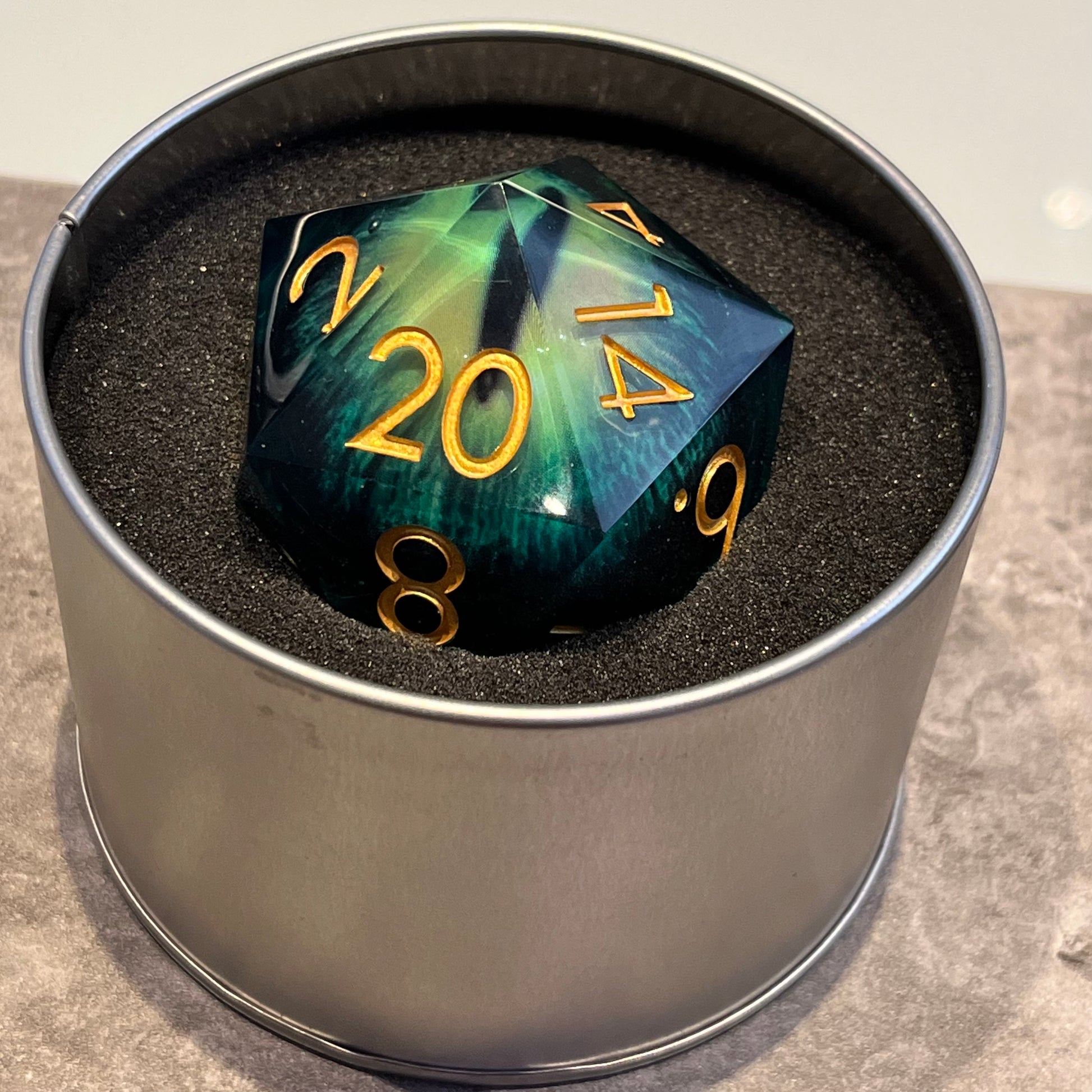 50 mm D20 dragon eye for TTRPG role playing games and dice goblin and dice dragon collectors.