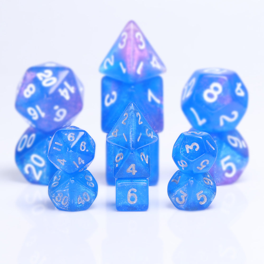 Iridescent blue mini dnd dice set, dnd dice sets, math rocks, polyhedral dice, dice goblin