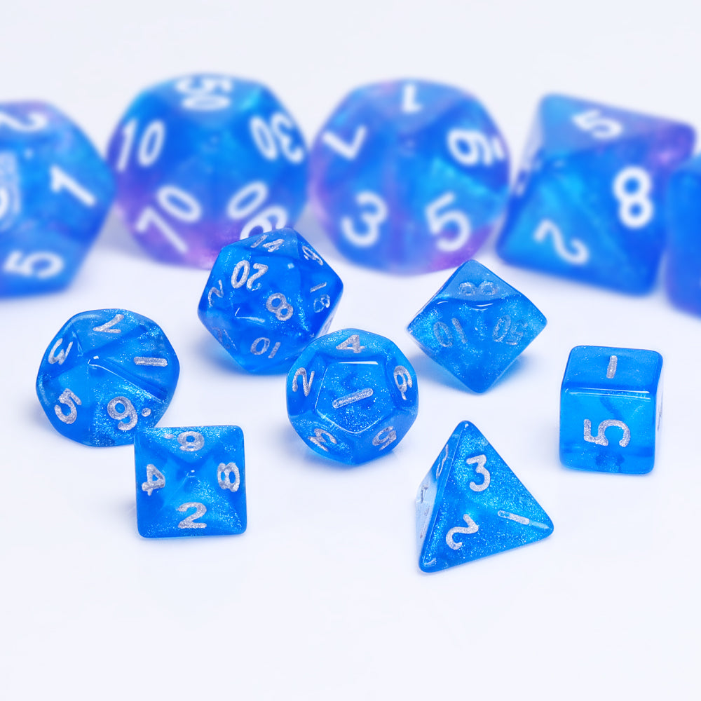 Iridescent blue mini dnd dice set, dnd dice sets, math rocks, polyhedral dice, dice goblin