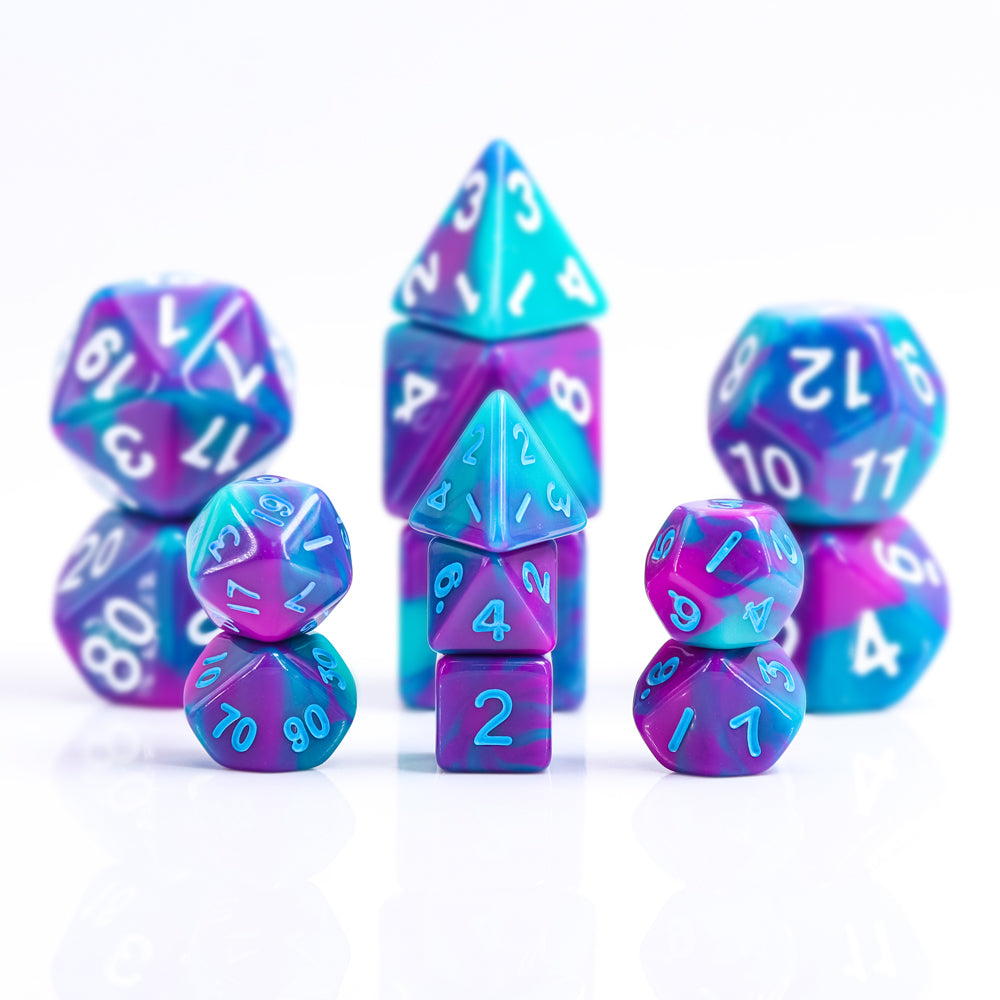 min dnd dice sets, aqua and magenta dice set, polyhedral dice, math rocks