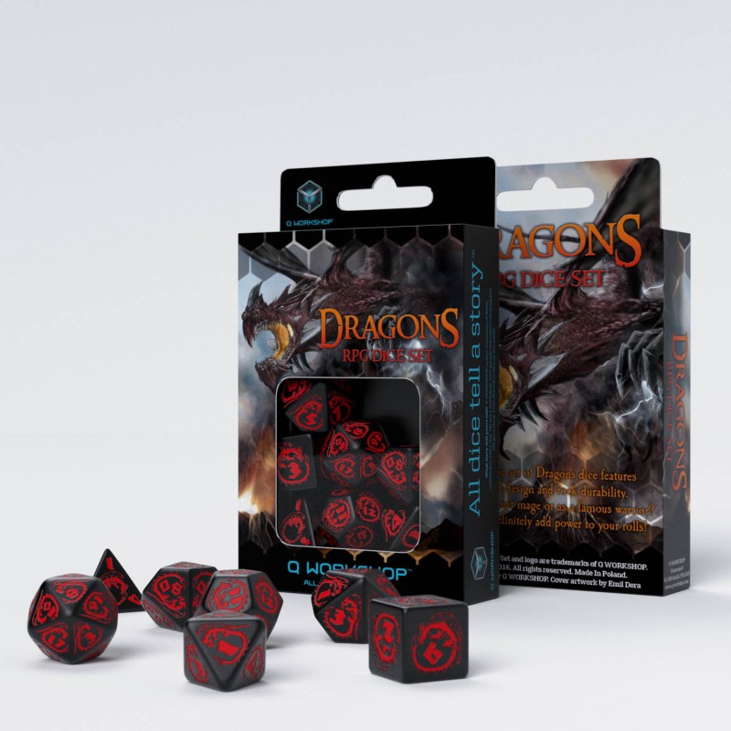 Dragons black and red dnd dice set for Dungeons and Dragons, TTRPG, role playing games and dice goblin, critical critters