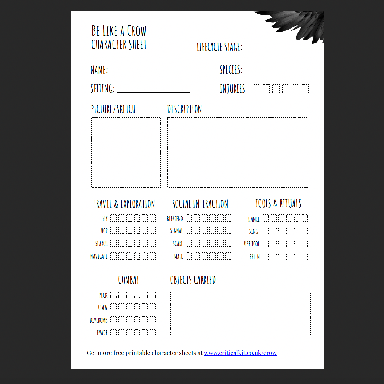 Free downloadable PDF character sheet for the Be Like A Crow solo role playing game, solo-rpg, solo rpg, journalling game