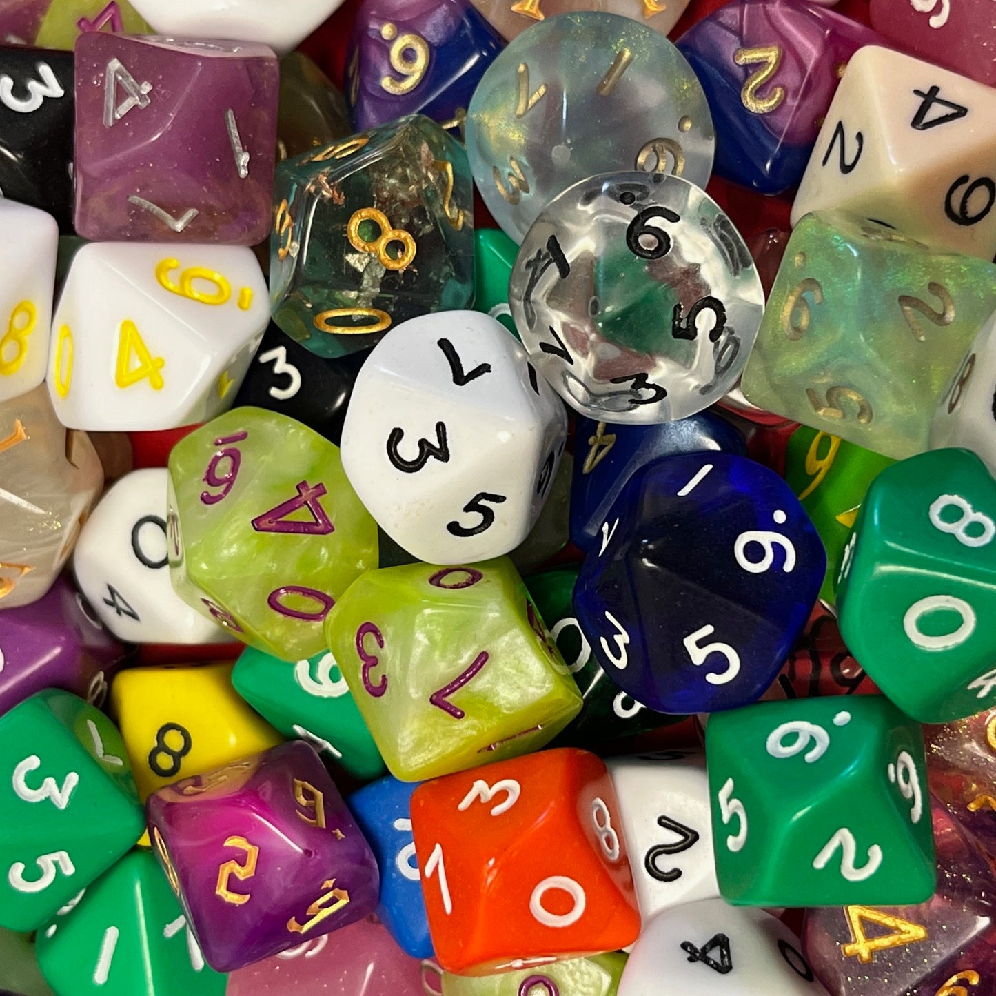 Random D10 TTRPG dice sets for DND and role playing games and dice goblin collectors