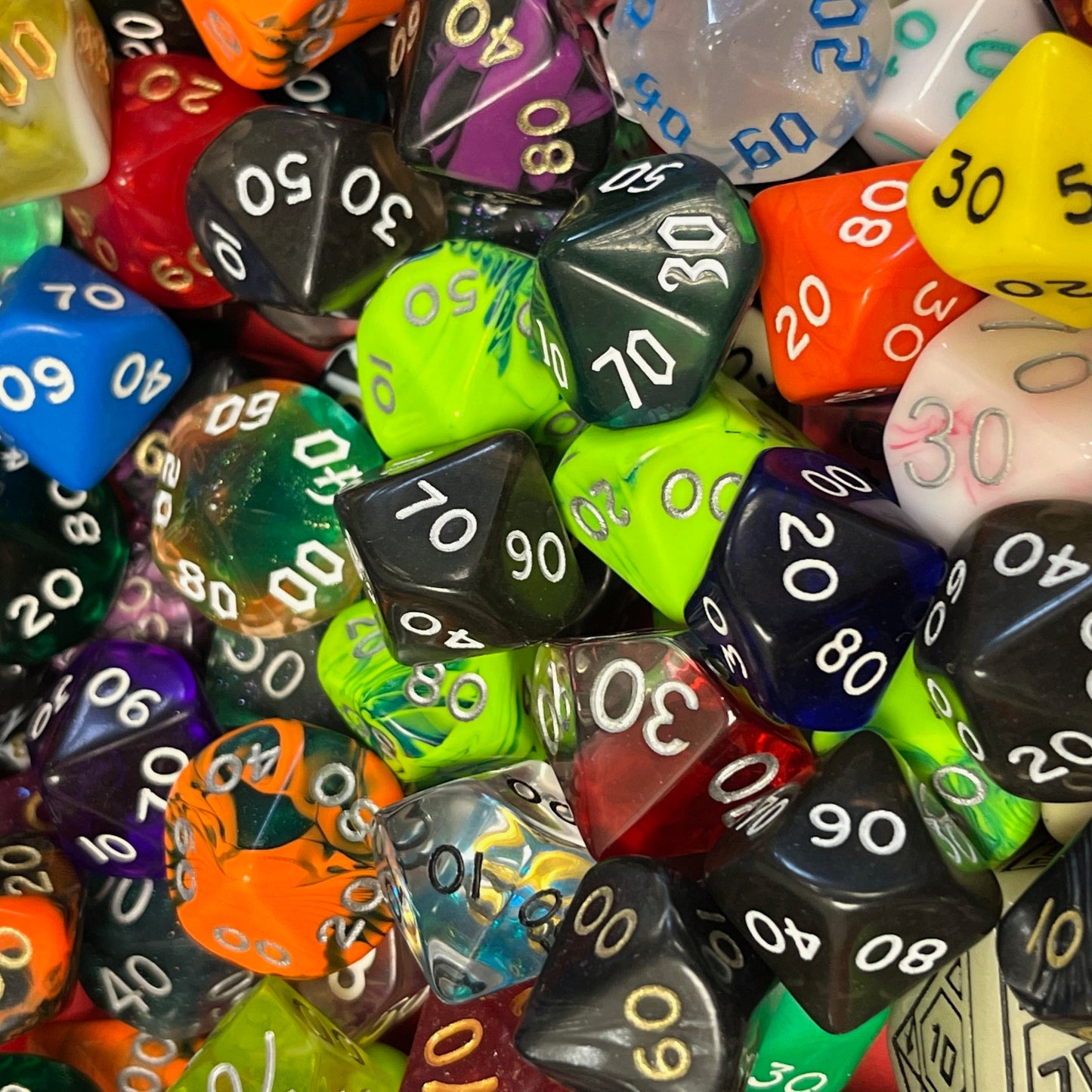 Random D100 TTRPG dice sets for DND and role playing games and dice goblin collectors