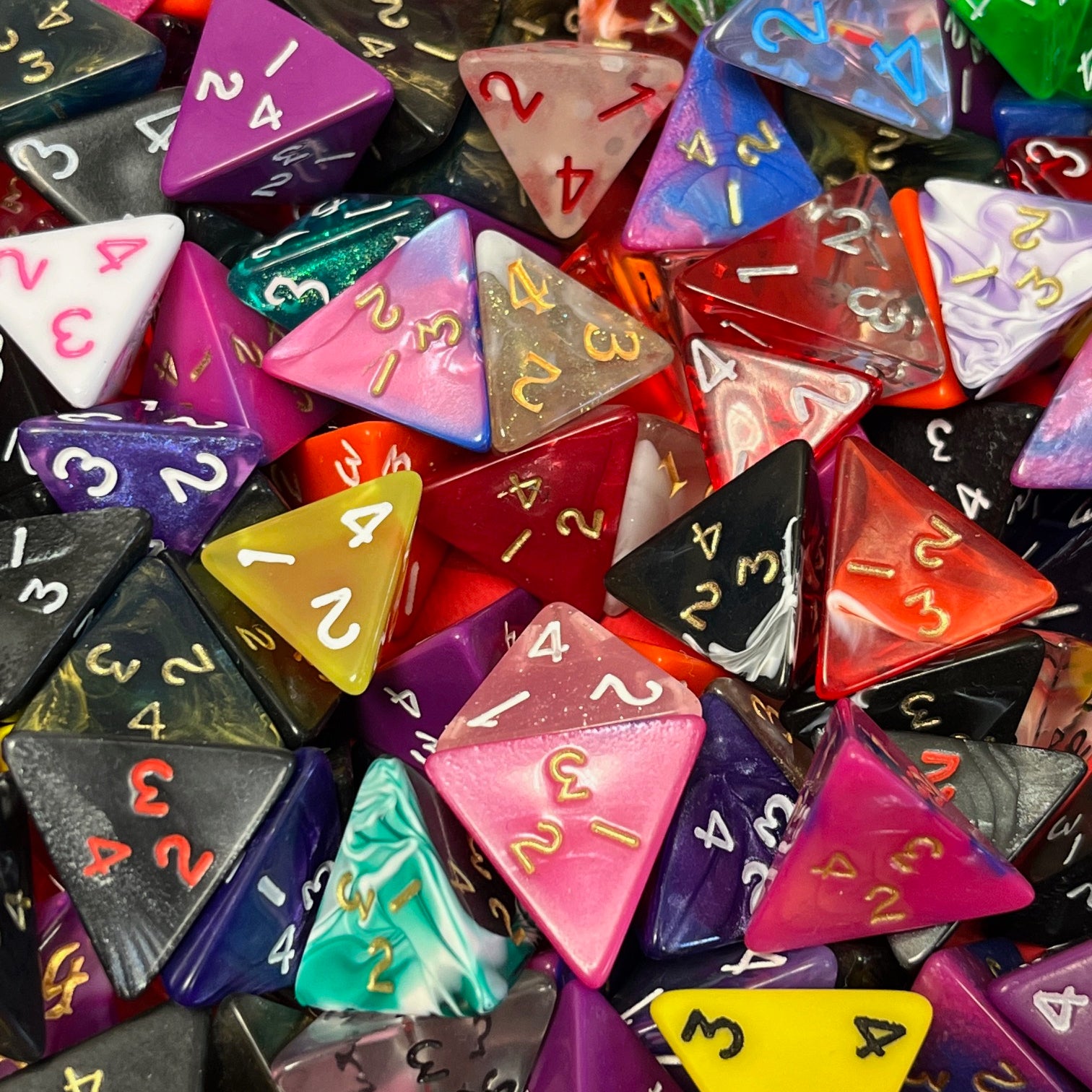 Random D4 TTRPG dice sets for DND and role playing games and dice goblin collectors