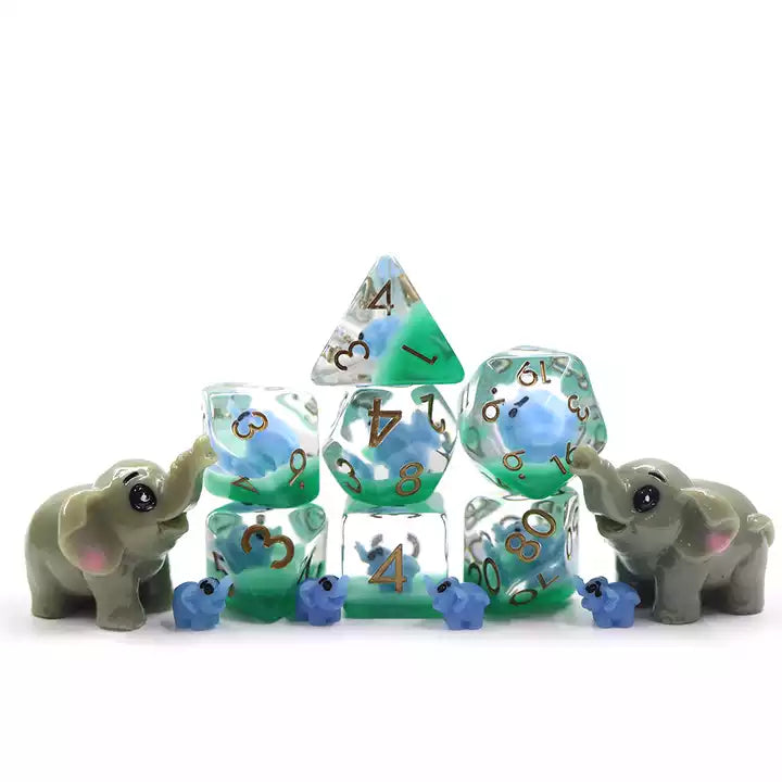 Blue Elephant dnd dice set, DND dice sets, polyhedral dice, shiney math rocks, clickety click clacks