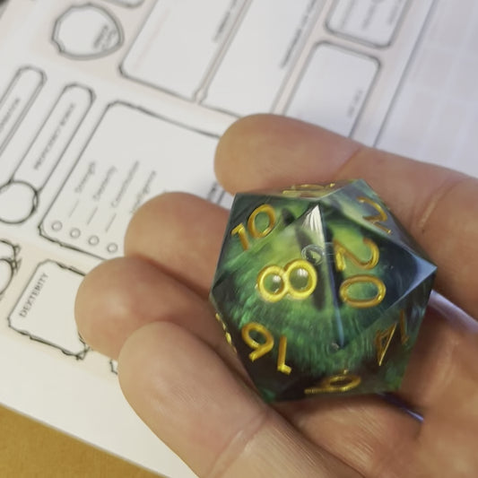 Green eyes, dragon eye moving liquid core, dnd dice, TTRPG, role playing, role playing games