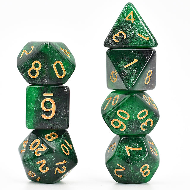 Galaxy black and green dnd dice set, rpg dice, for role playing games, dice goblin and critical critters