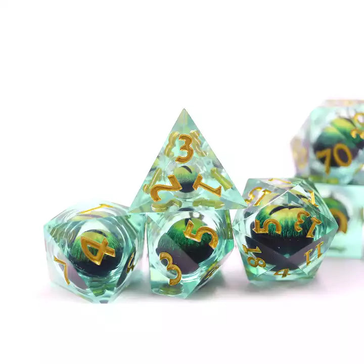Green Eye sharp edge dnd dice set, d&d dice set, dice goblin, TTRPG, role playing, role playing games, liquid core