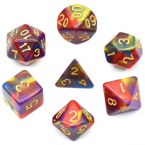 rainbow swirl dnd TTRPG role playing games, dice set for dice goblin and dice dragon collectors