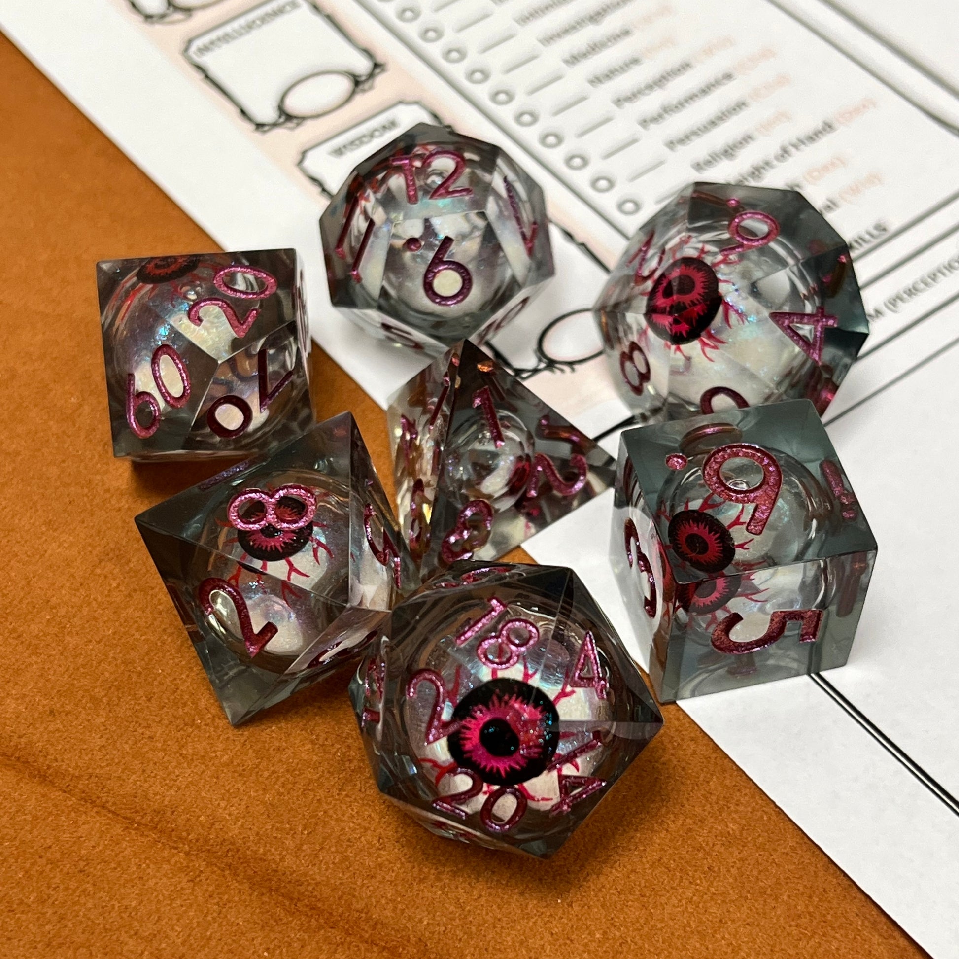 Old Red Eyes, DND liquid core dice set, polyhedral dice, role playing, role playing games, TTRPG
