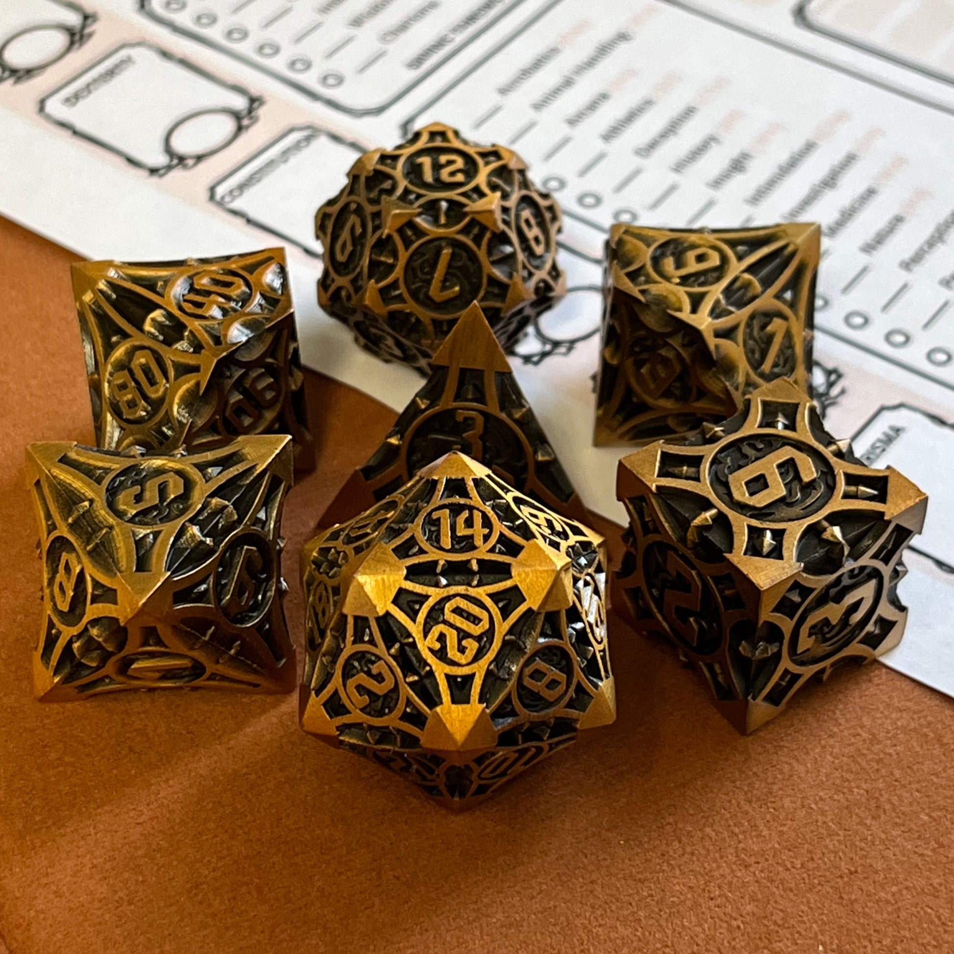 Metal DnD dice sets, TTRPG, role-playing games, DnD dice, polyhedral dice, shiny math rocks
