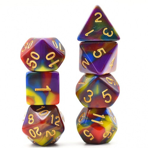 rainbow swirl dnd TTRPG role playing games, dice set for dice goblin and dice dragon collectors