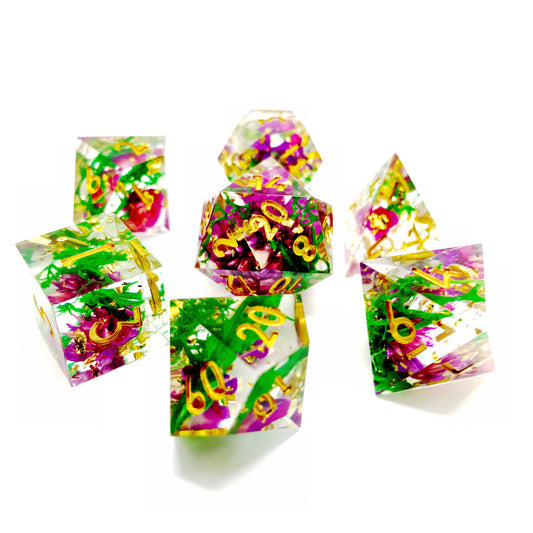 The Orient sharp edged dice set, sharp edge d&d dice sets, dice goblin, math rocks, polyhedral dice.