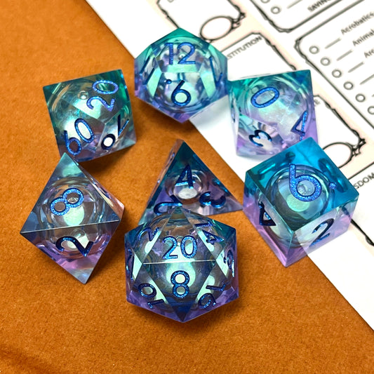 Gimme! Gimme! Gimme! liquid core sharp edge dnd dice set, dice goblin, TTRPG, role playing, role playing games