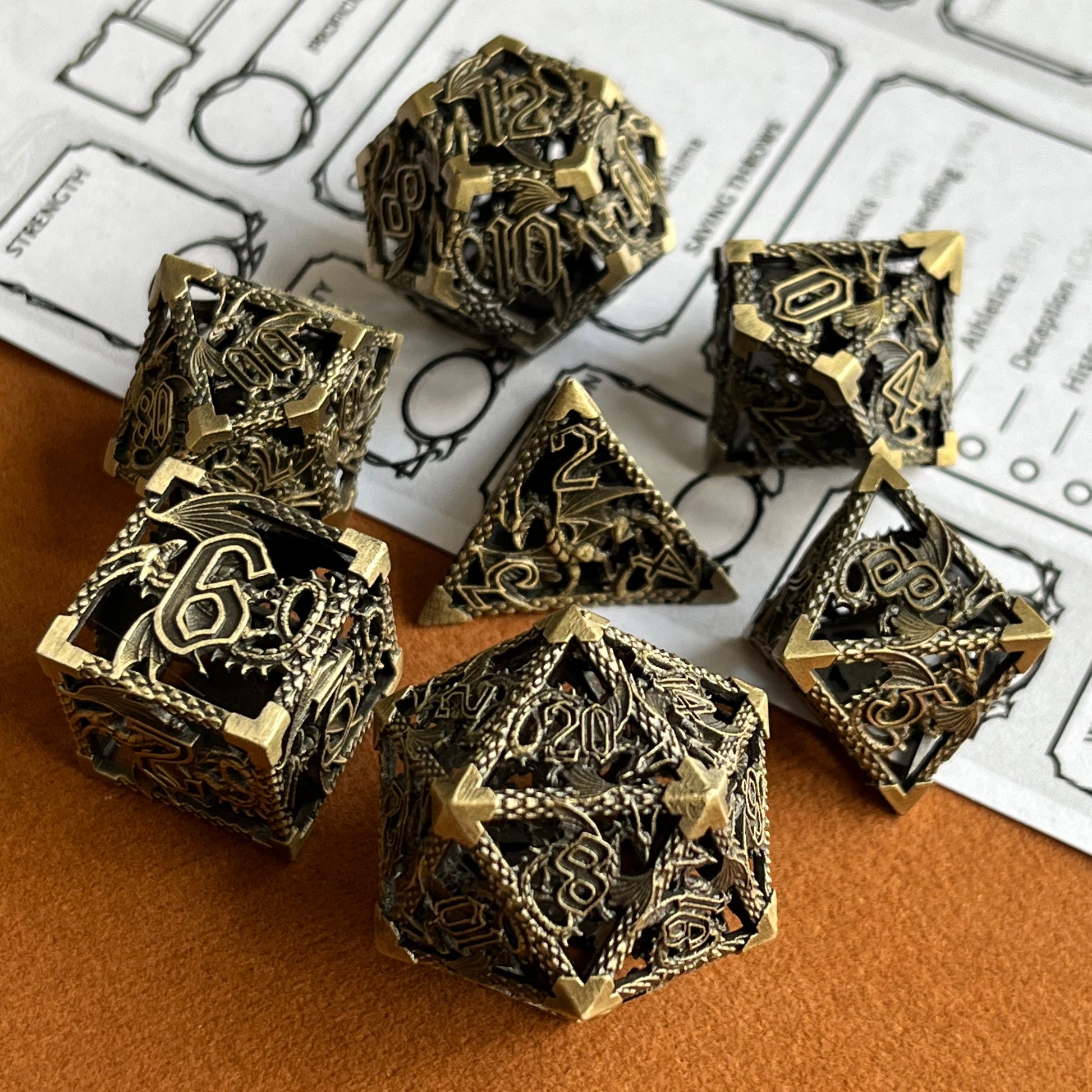 Bronze dragon hollow dnd dice set, metal dice set, TTRPG, role playing, role playing games