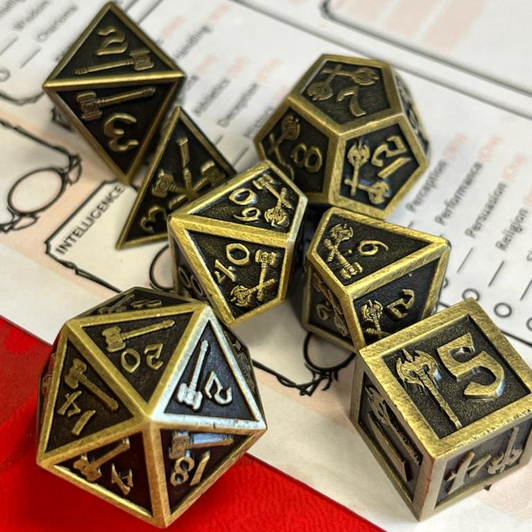 reckless metal dnd dice, metal dice, ttrpg dice set, role playing, role playing games