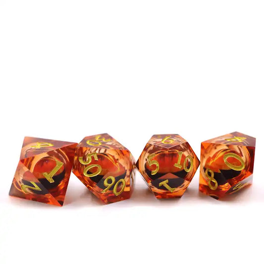 Orange moving dragon eye DND sharp edge dice set, TTRPG role playing games and dice goblin collectors