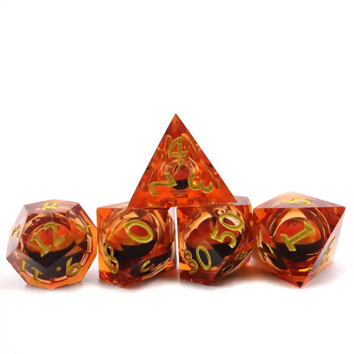 Orange moving dragon eye DND sharp edge dice set, TTRPG role playing games and dice goblin collectors