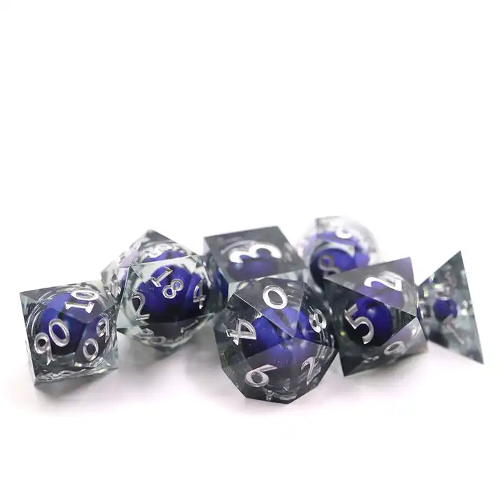 Purple dragon eye sharp edge TTRPG dice set for roleplaying games and dice goblin collectors